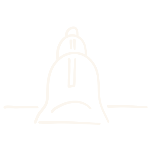 Simple outline drawing of a bell with a clapper inside, resembling a school bell or liberty bell.