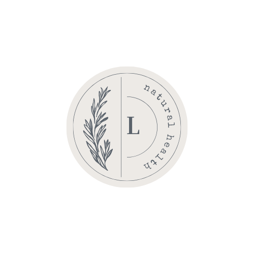 Circular logo with a botanical illustration on the left and the letter 'L' in the center. The words "natural health" are written around the right edge.
