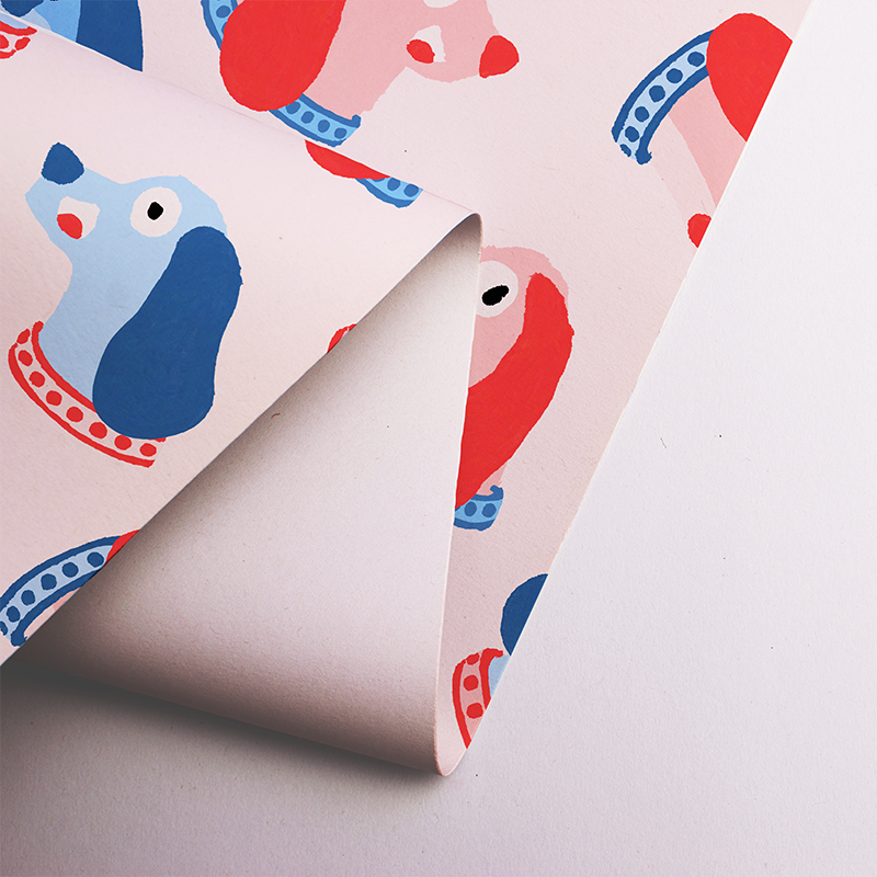 Bold colours all over print dog wrapping paper illustration for lifestyle products