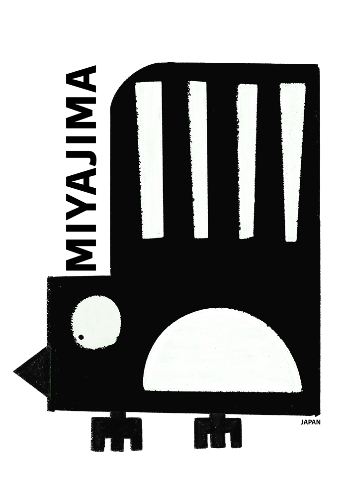 Geometric bird illustration design with Miyajima text