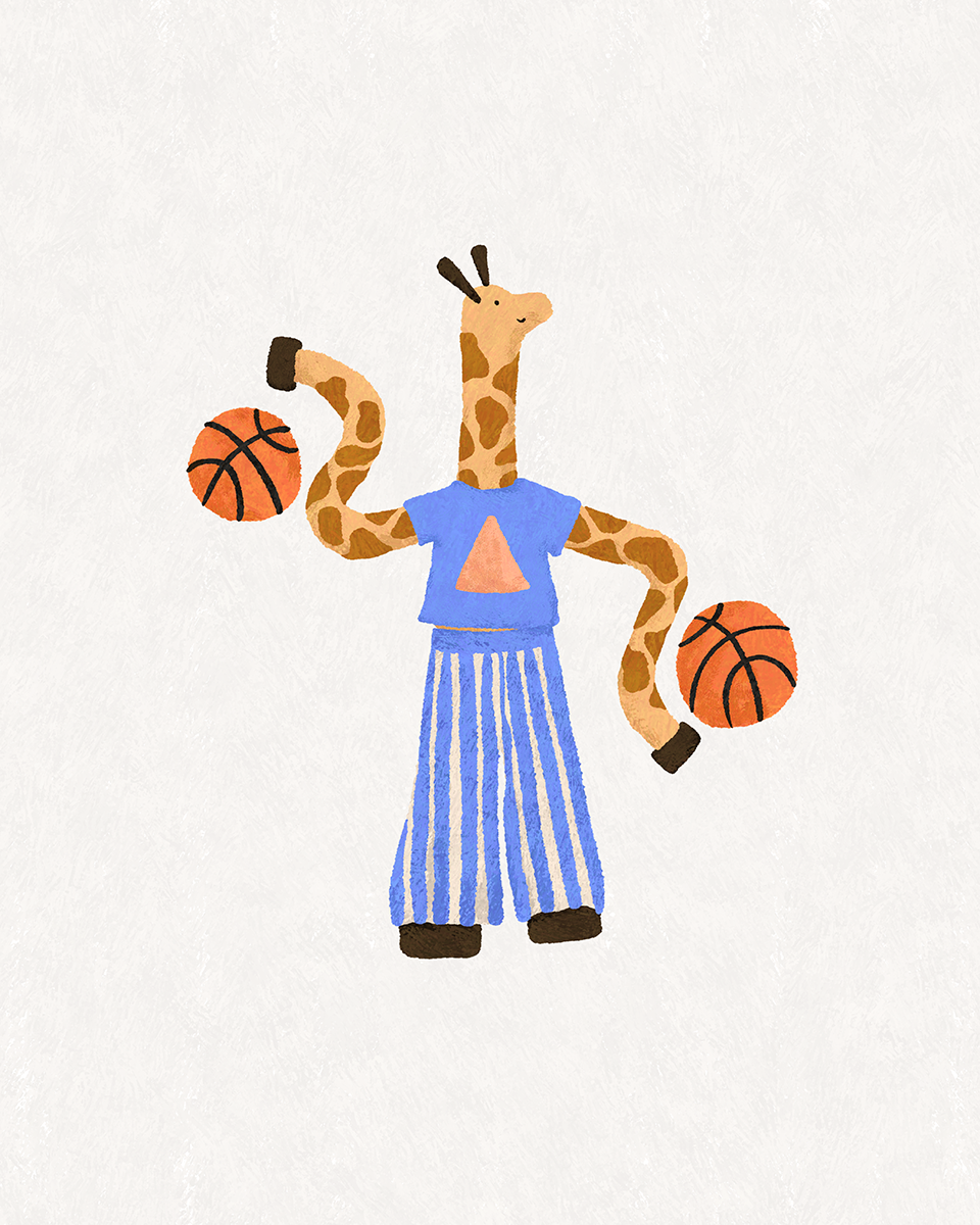 Giraffe dribbling two basketballs illustration design