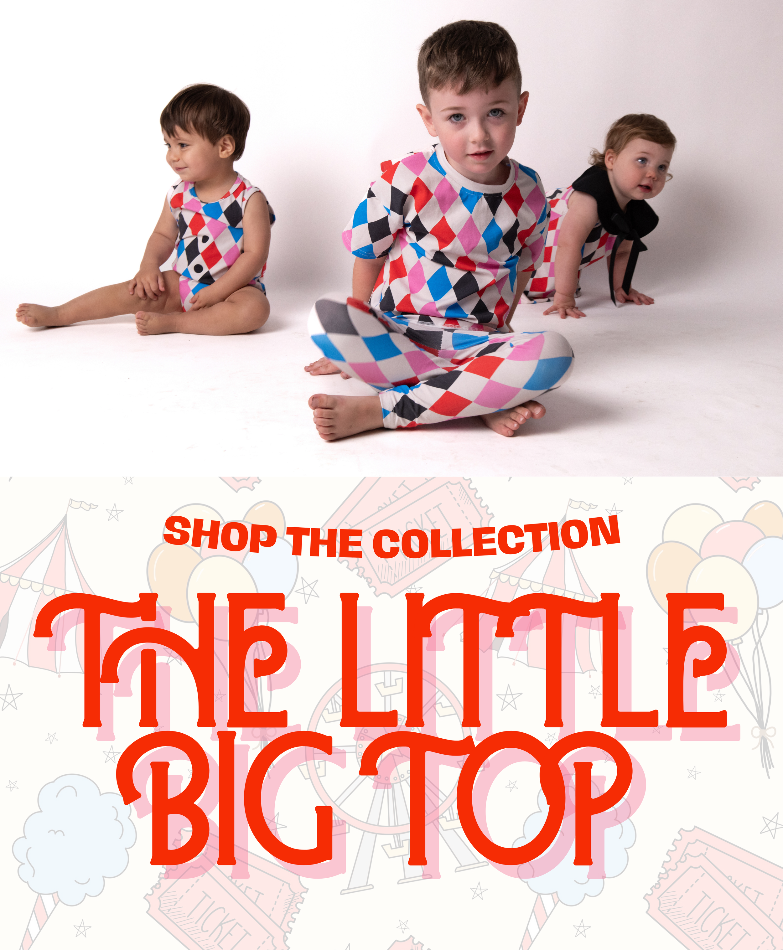 Three children sitting on the floor, wearing colorful geometric patterned outfits against a plain white background. The child in the center is looking directly at the camera, while the other two children are looking away.