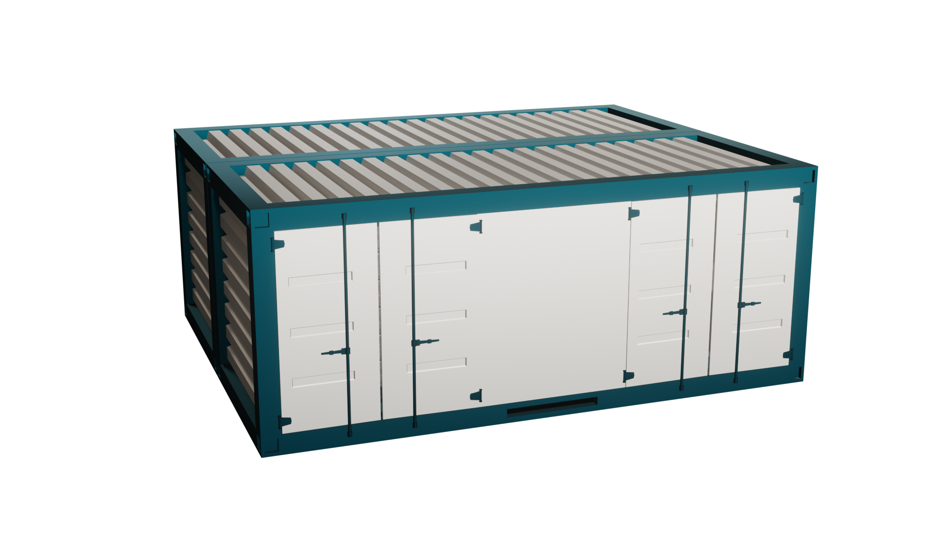 Ein 3D-Modell eines Batteriespeicher-Containers mit weißen Doppeltüren und einem gewölbten Dach. Der Container steht auf einer weißen Oberfläche.