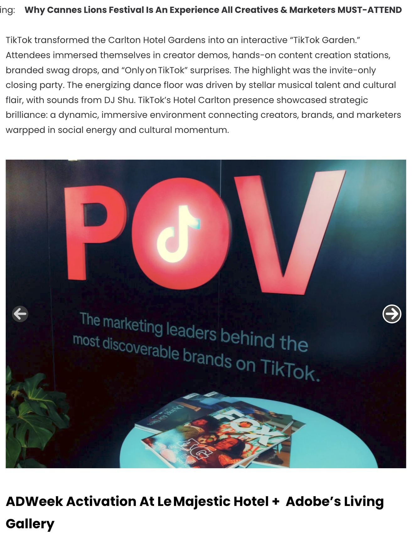 Affiche promotionnelle pour le festival Cannes Lions, mettant en avant la plateforme TikTok avec l'inscription 'POV' et une description sur les leaders du marketing derrière les marques populaires sur TikTok.