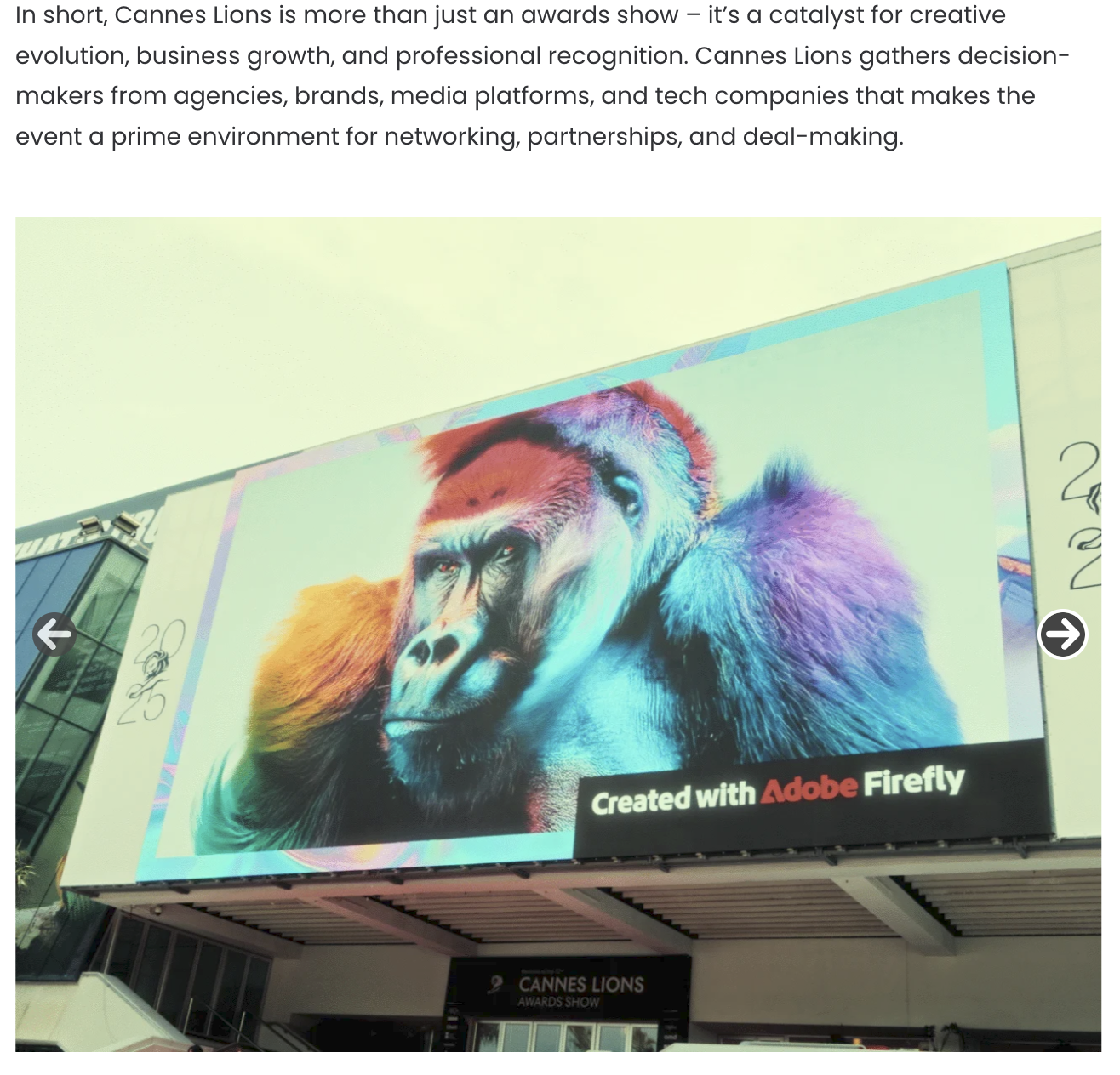 Une grande affiche montrant un gorille stylisé avec des couleurs vives, située à l'extérieur du bâtiment du Festival de Cannes, avec le texte "Created with Adobe Firefly" en bas.
