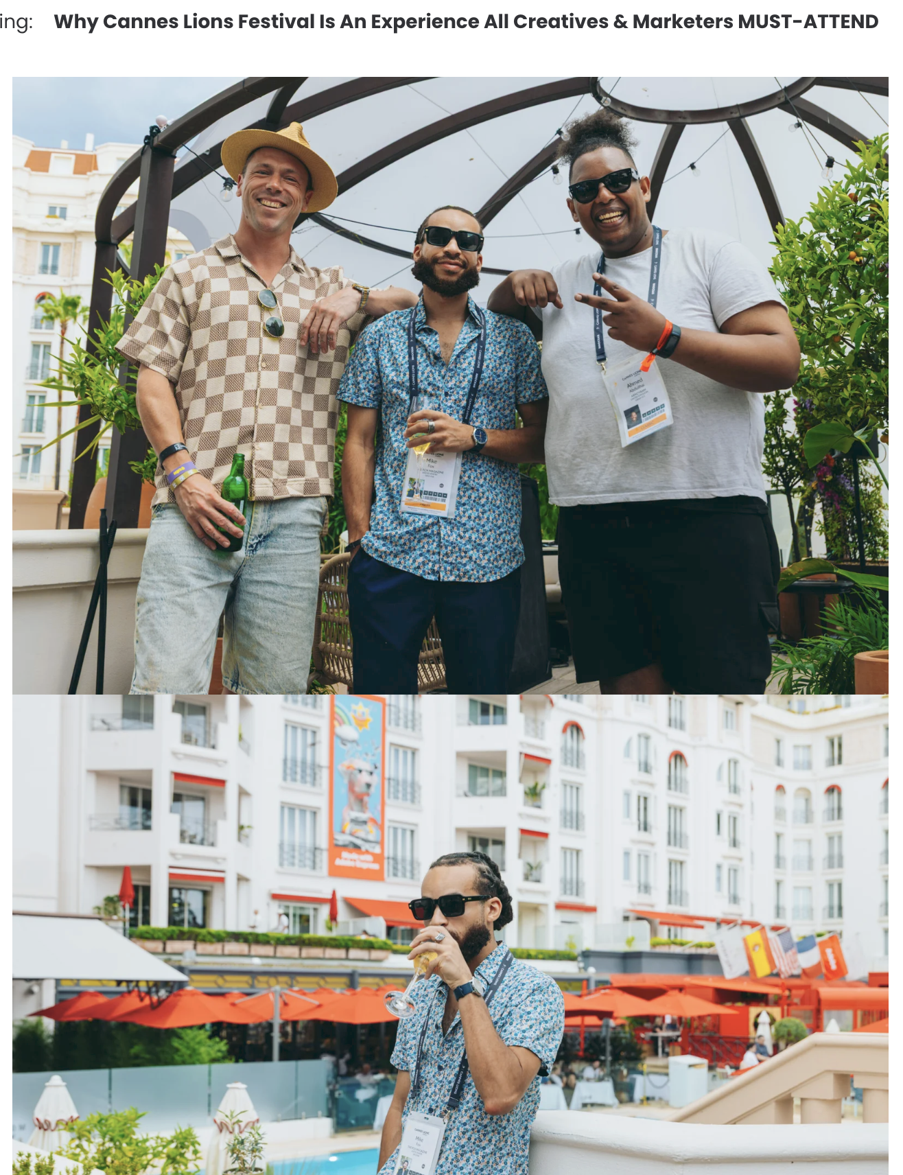 Deux groupes d'hommes profitant du festival Cannes Lions dans un cadre extérieur, avec un bâtiment en arrière-plan. Le premier groupe comporte trois hommes souriants, portant des badges, certains portant des lunettes de soleil, l'un tenant une boutei