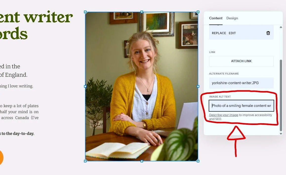 Screenshot from a website CMS, showing where the text box for adding alt text is for a photo of a smiling woman, which is circled by a red arrow.
