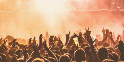 Photo of an audience at a gig, silhouetted against a bright, warmly-coloured stage.