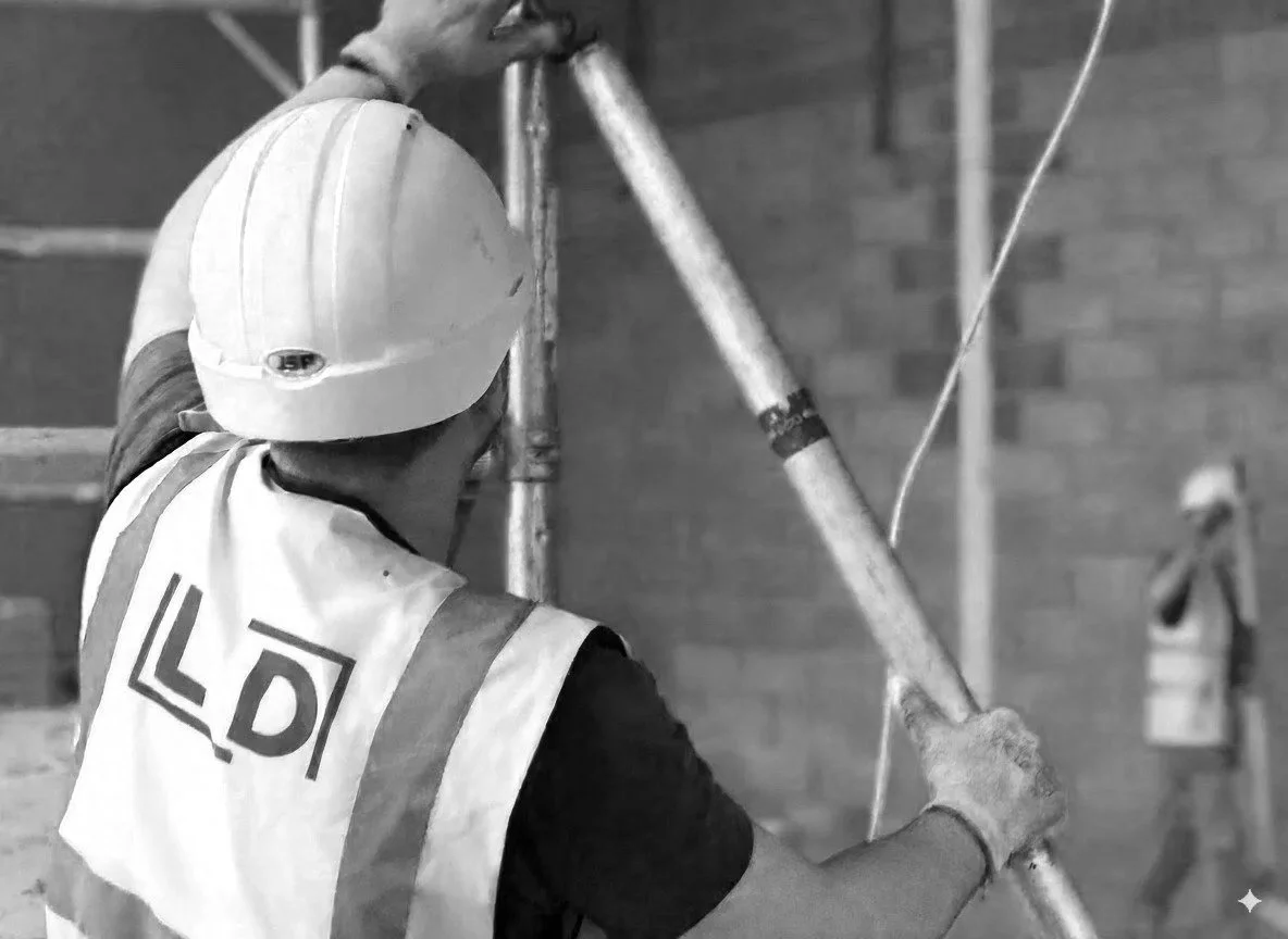 Construction worker in safety gear using a long tool to work on a building with brick walls.