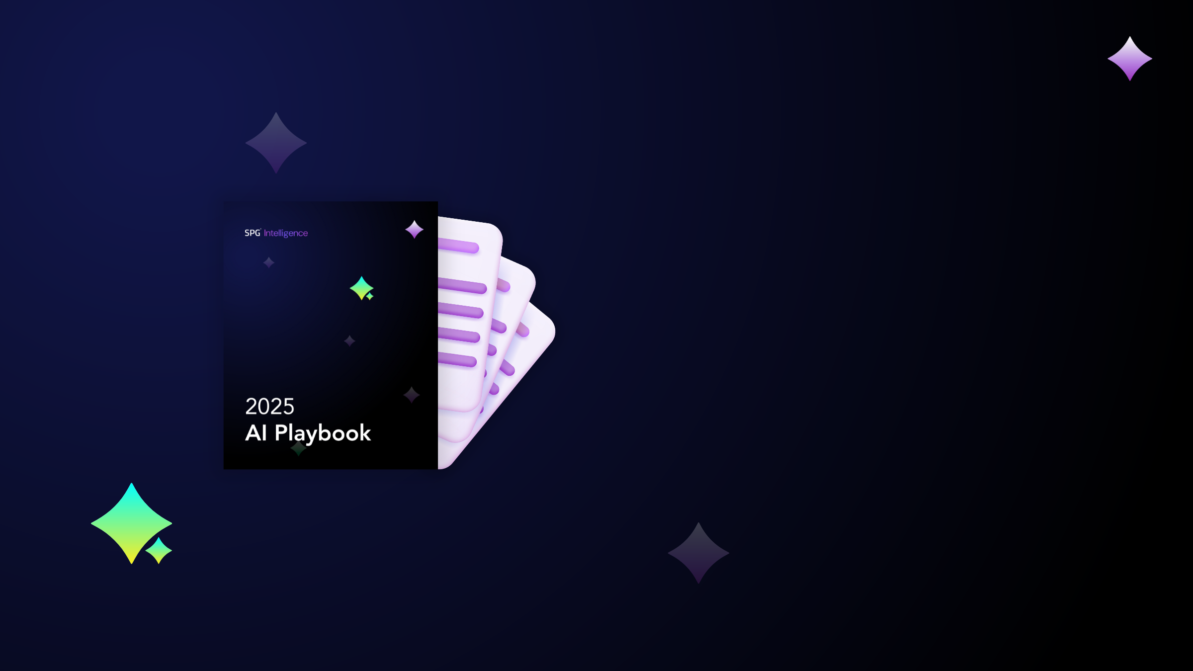 Cover of the 2025 AI Playbook by SPG Intelligence featuring stylized cards with purple accents, against a dark space-themed background with colorful stars.