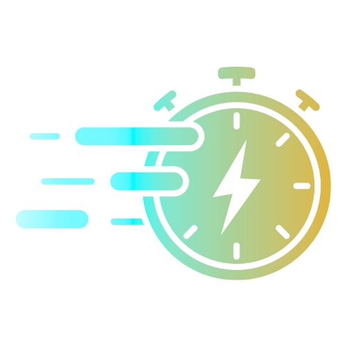 A digital illustration of a stopwatch with a lightning bolt symbol on the face, showing motion lines indicating speed and quickness, in a gradient of blue, green, and yellow colors.