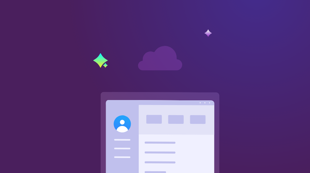 Digital profile page illustration with a purple cloud and stars background.