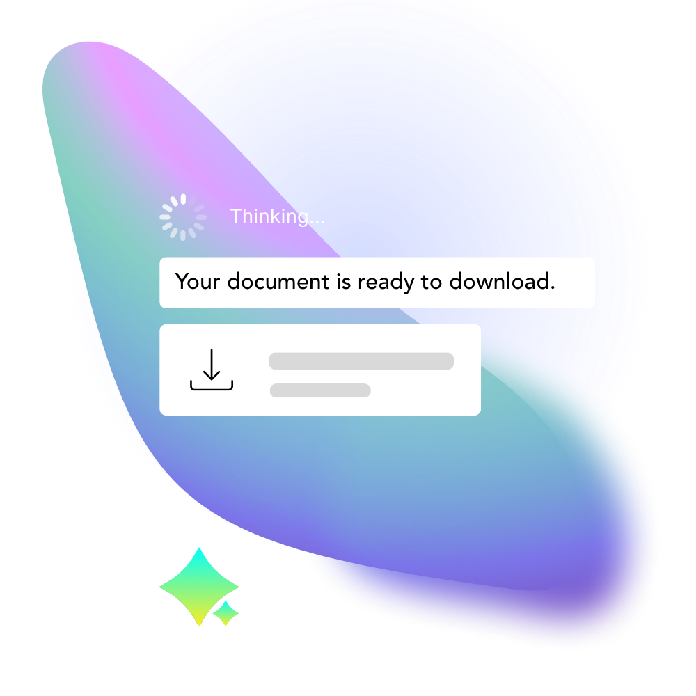 A digital screen shows a loading icon with the text "Thinking..." and a message saying "Your document is ready to download," along with a download icon and a progress bar.