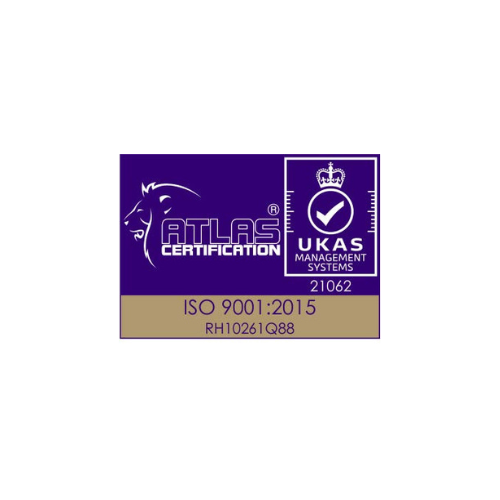 Certification label with a lion outline, Atlas Certification, UKAS Management Systems logo, and ISO 9001:2015 standard designation.