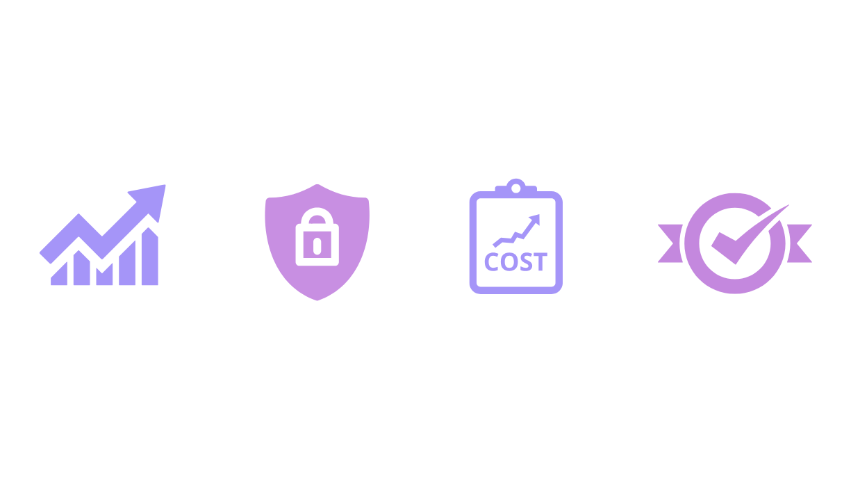 Four icons representing growth, security, expense, and achievement.