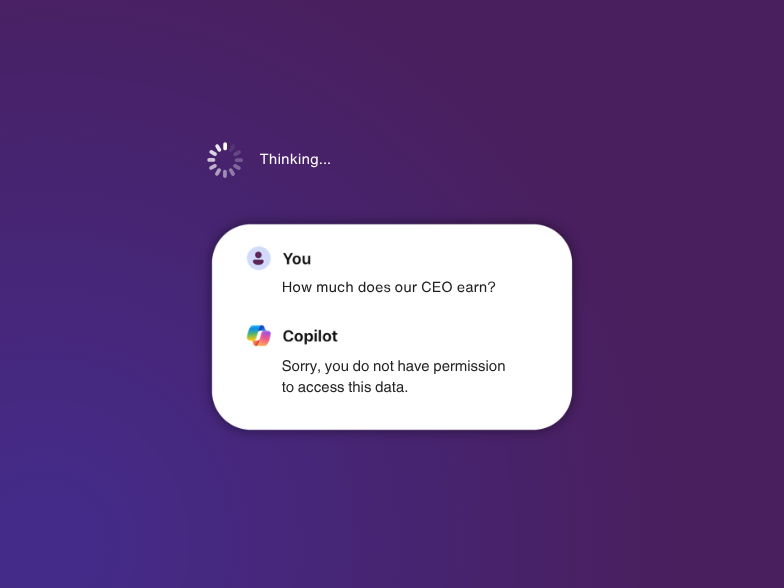 A digital interface with a purple and blue gradient background. At the top, there is a loading icon with the text 'Thinking...'. Below, a chat window displays two messages: one from 'You' asking, 'How much does our CEO earn?', and a response from 'Copilot' stating, 'Sorry, you do not have permission to access this data.'
