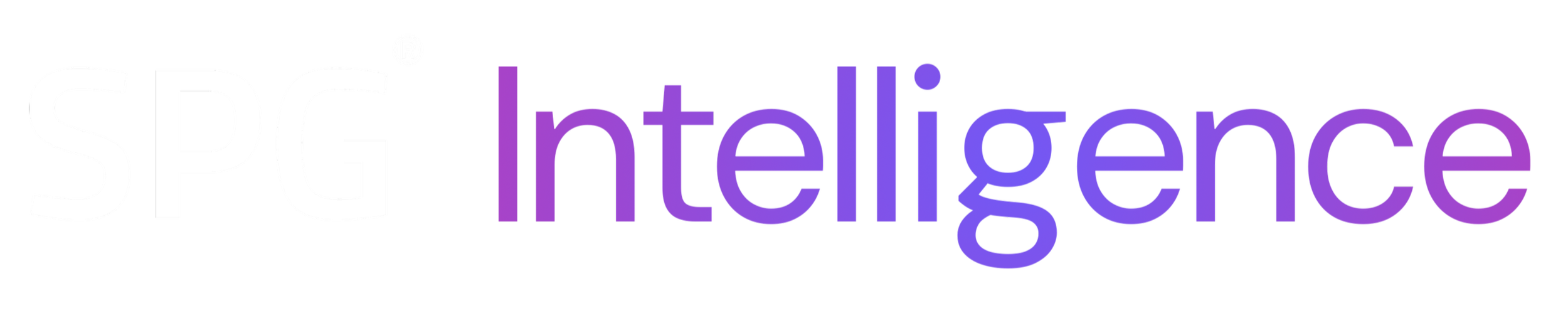 SPG intelligence logo with stylized text in white, purple, and pink.