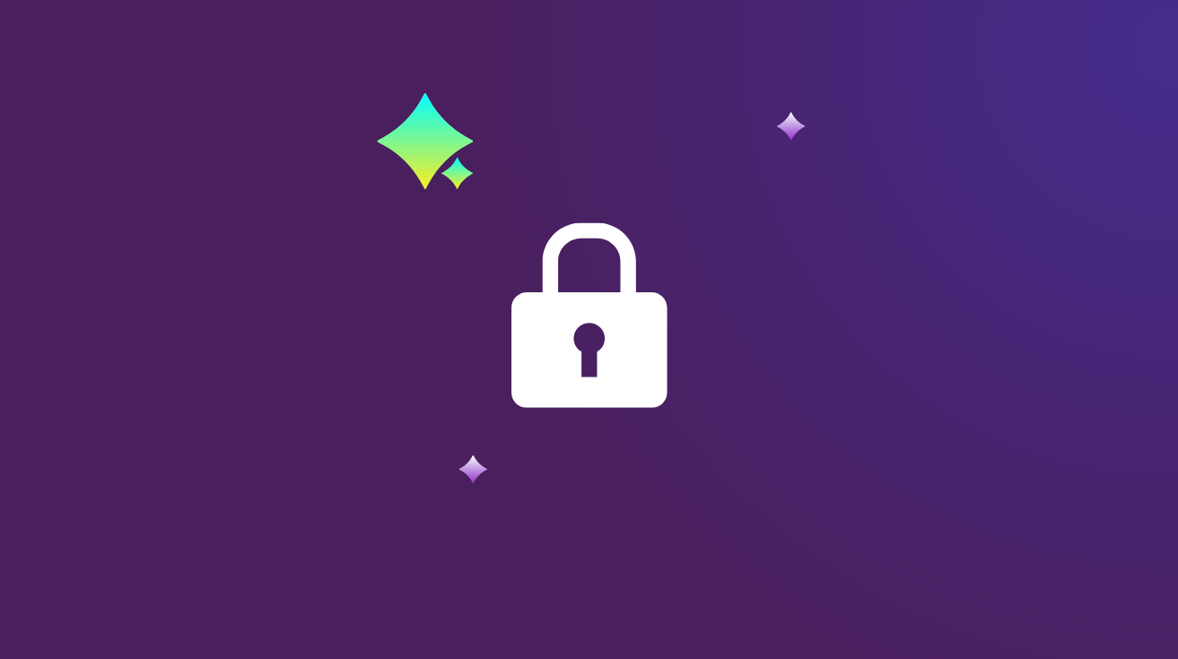 Illustration of a white lock icon on a purple gradient background with sparkling stars around it.