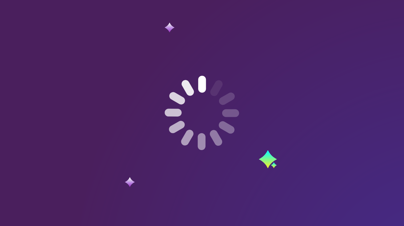 Loading screen with a purple background, a central loading spinner, and small decorative stars around it.