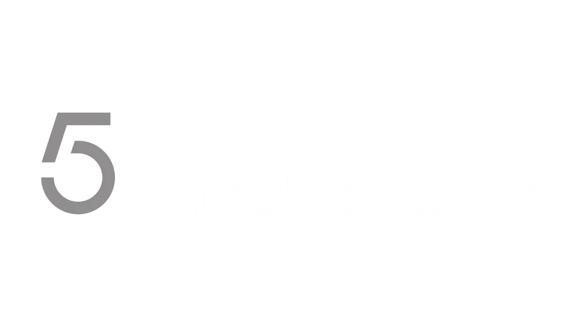 Logo of 5x5 Technologies featuring a large gray number 5 inside a gray square, with white text reading '5x5 Technologies' to the right.