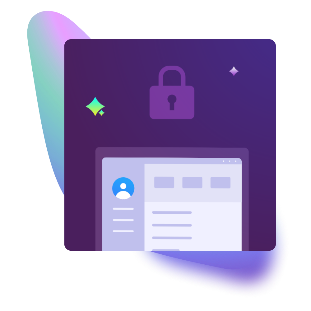 Digital illustration of a locked user profile interface with a padlock icon, representing account security or privacy settings, on a purple background with colorful accents.