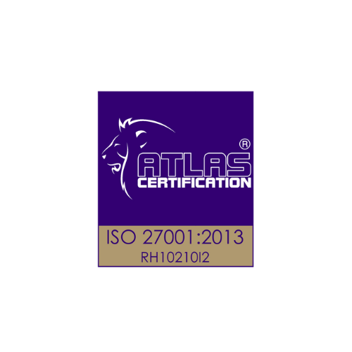 Atlas Certification logo with an illustration of a lion's face and ISO 27001:2013 certification details.