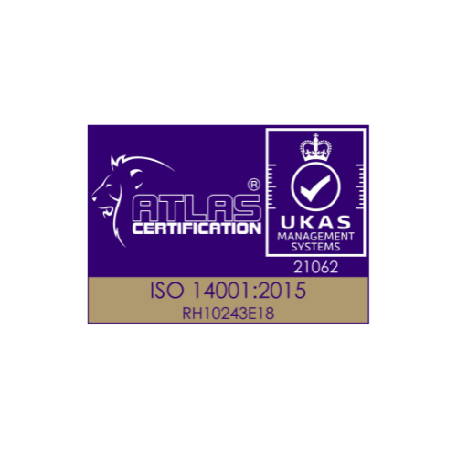 Certification label indicating ISO 14001:2015 compliance from Atlas Certification and UKAS Management Systems.