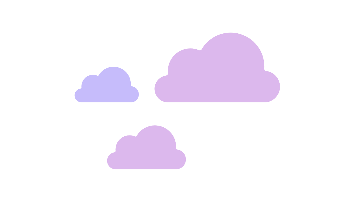 Three cartoon clouds in shades of purple and blue on a white background.