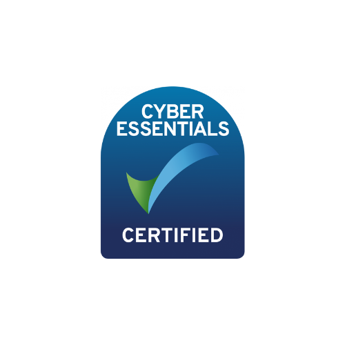 A certification badge with a checkmark, labeled 'Cyber Essentials Certified' in white text on a blue background.