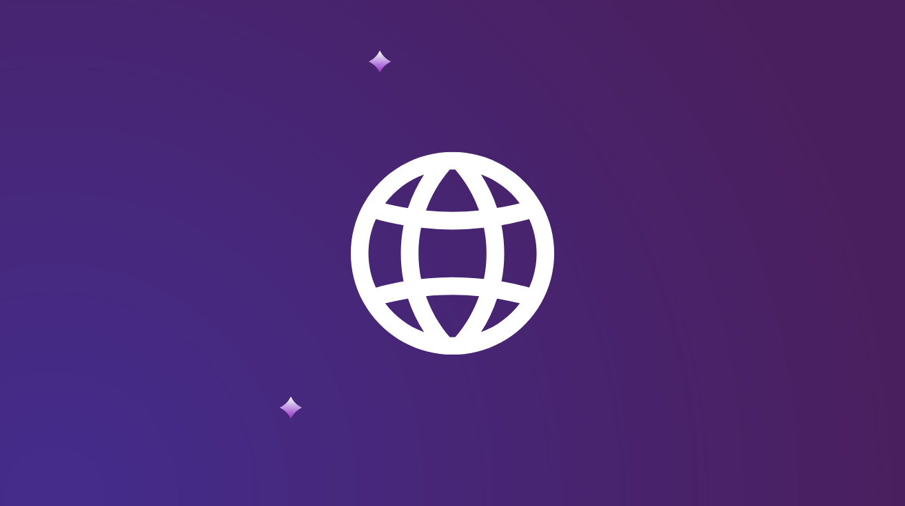 White globe icon on a purple gradient background with two small stars.