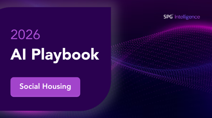 2025 AI Playbook cover titled 'Social Housing' by SPG Intelligence with a purple digital wave background.