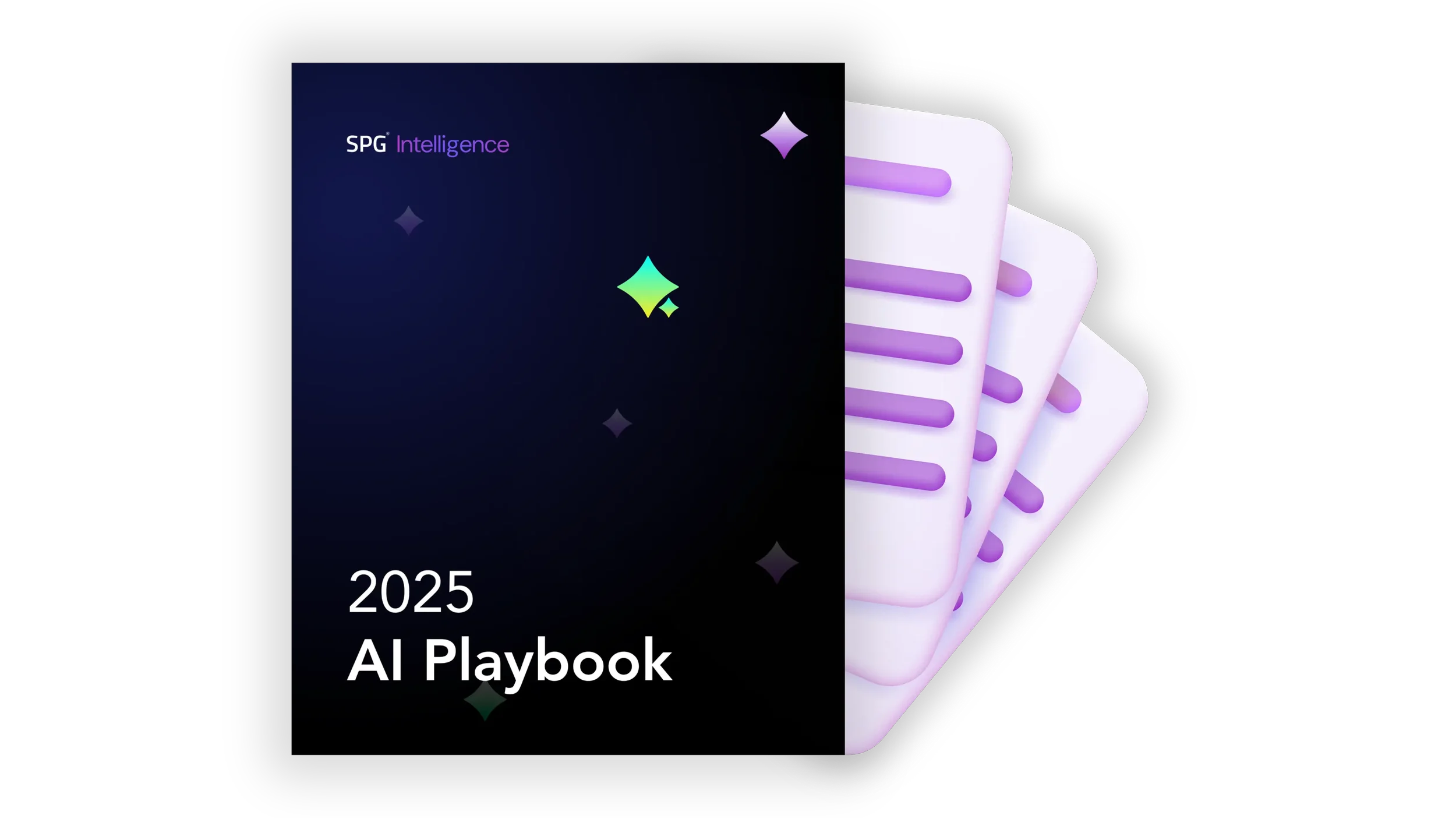 Cover of the 2025 AI Playbook by SPG Intelligence, featuring a dark background with colorful star-shaped accents and stylized playing cards with purple lines.