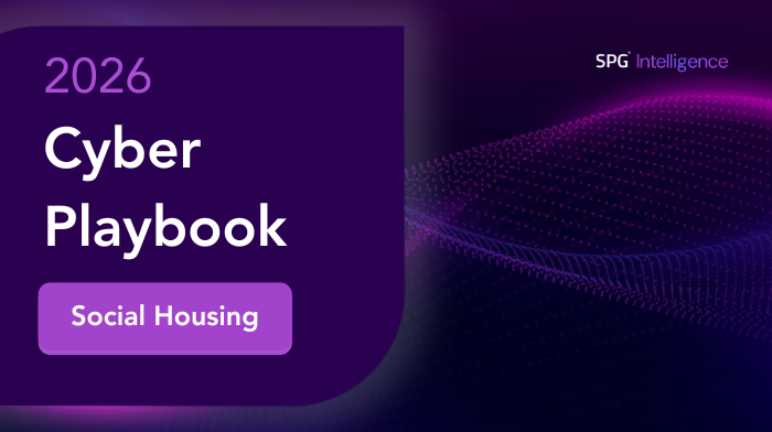 2026 AI Playbook cover titled 'Social Housing' by SPG Intelligence with a purple digital wave background.
