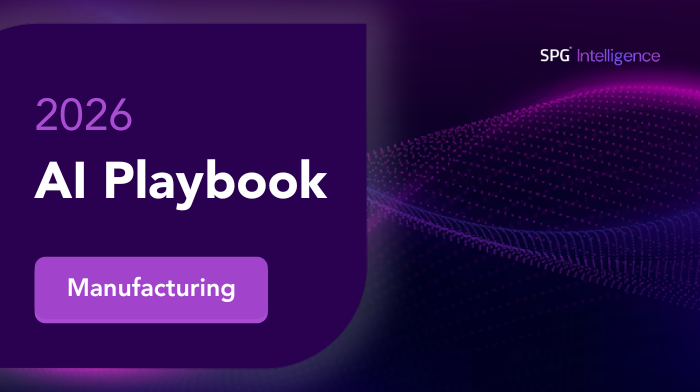 Cover page of the 2025 AI Playbook titled 'Manufacturing' by SPG Intelligence with a purple digital wave design background.