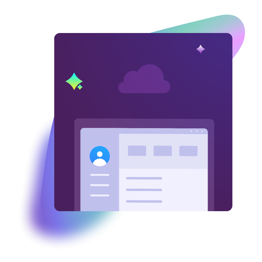 A digital illustration of a social media profile page with a purple background, a cloud icon, and decorative stars.