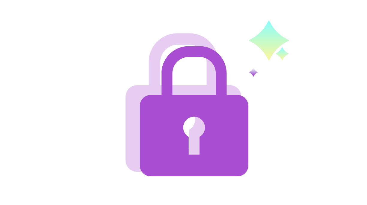 A purple lock icon with a leaf symbol in the center, accompanied by colorful shining stars, representing security and environmental consciousness.
