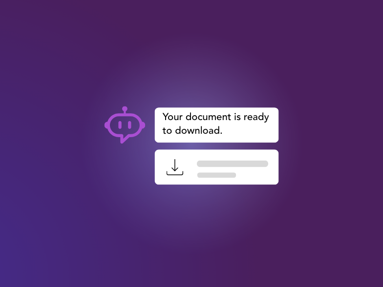 Notification screen with a purple background, a robot icon, and a message stating 'Your document is ready to download' with a download button below.