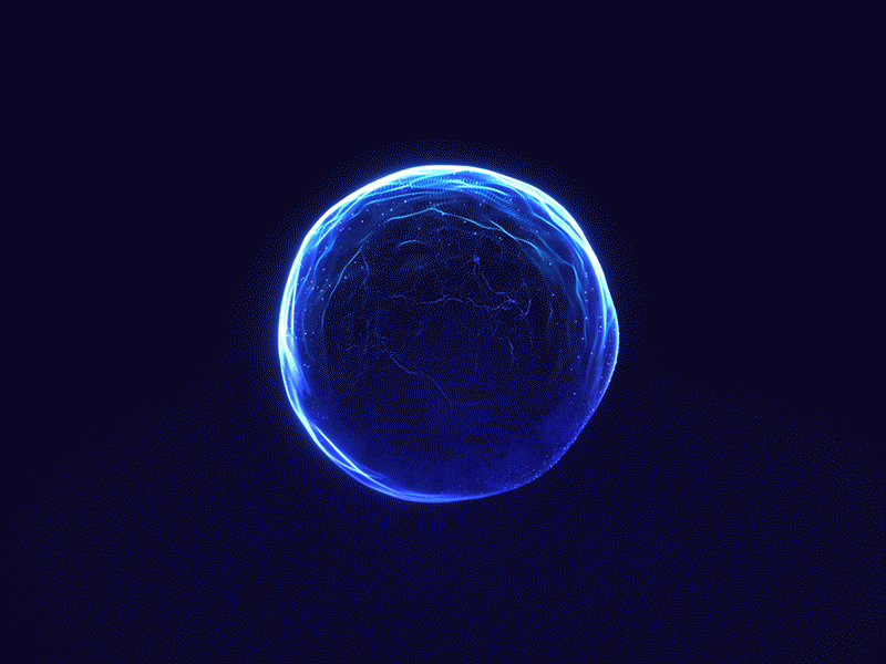 A digital rendering of a glowing blue sphere with electric-like patterns on a dark background.