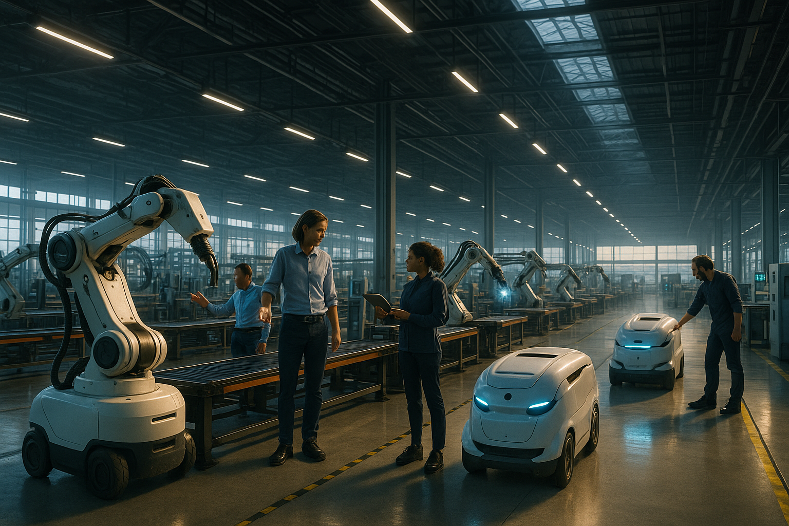 Workers and robots in an industrial factory, with robotic arms, small autonomous vehicles, and people discussing and testing equipment.
