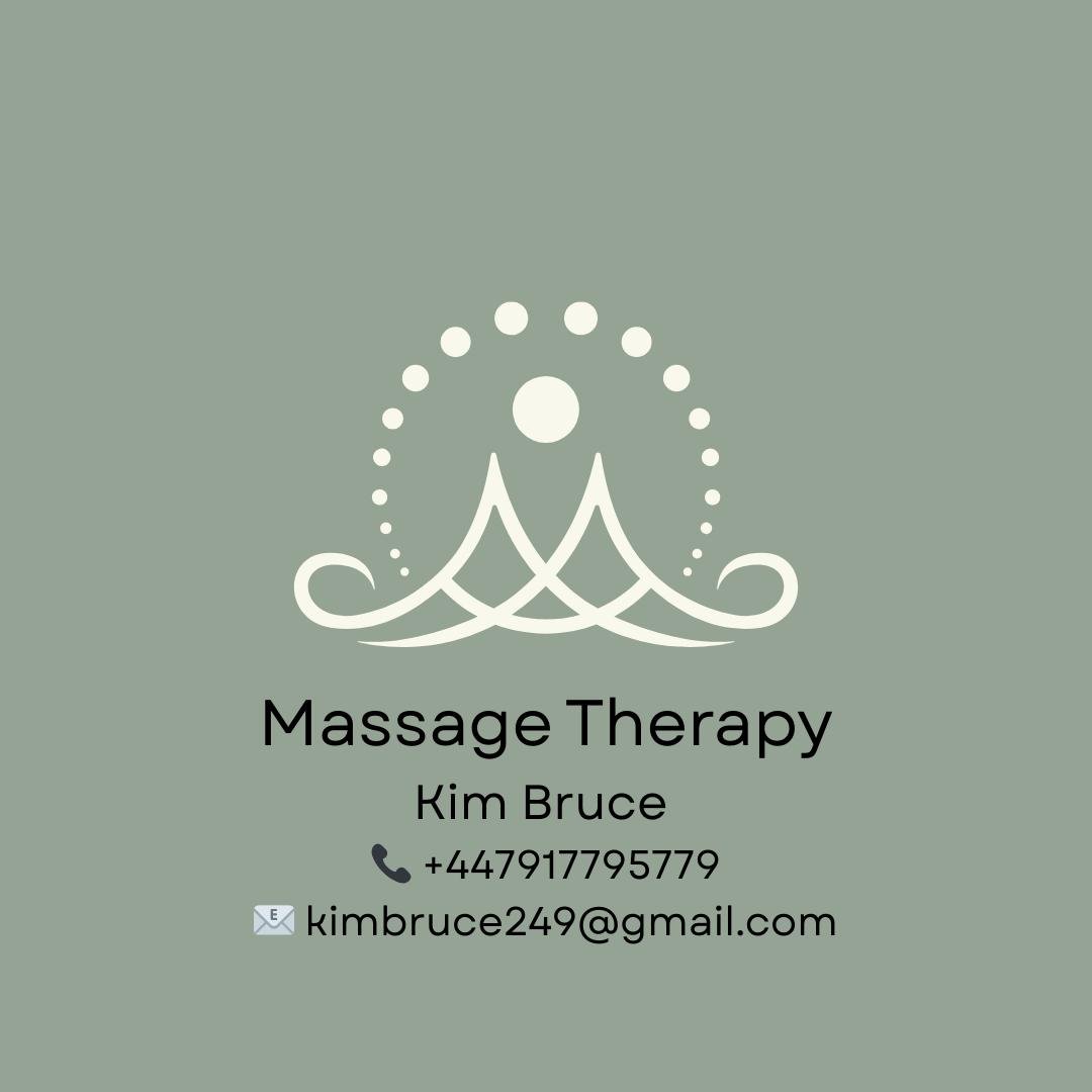 Business card for Massage Therapy by Kim Bruce, featuring a decorative line art logo, contact phone number, and email address on a muted green background.