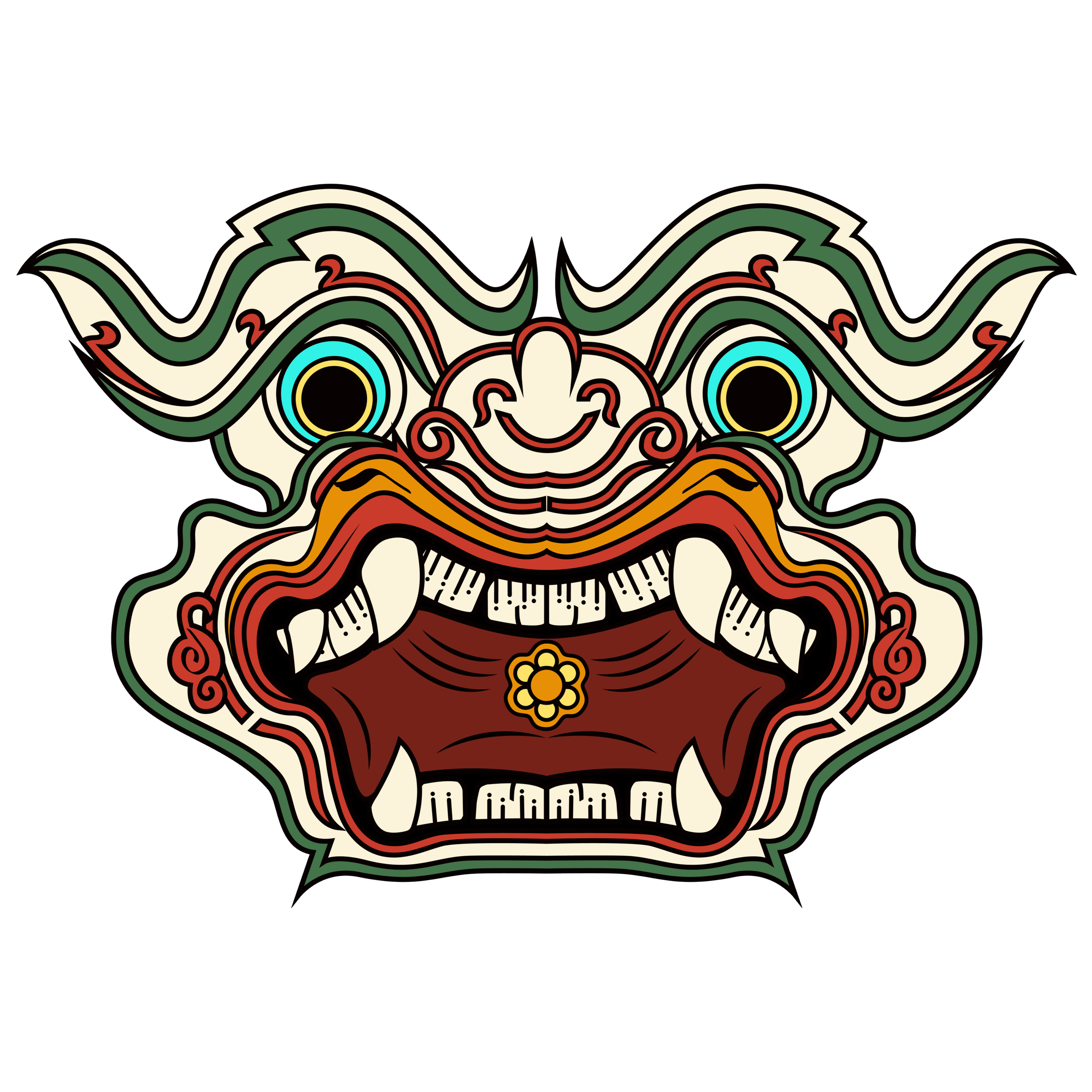 Ein farbenfrohes, traditionelles chinesisches Drachenmasken-Design auf schwarzem Hintergrund.