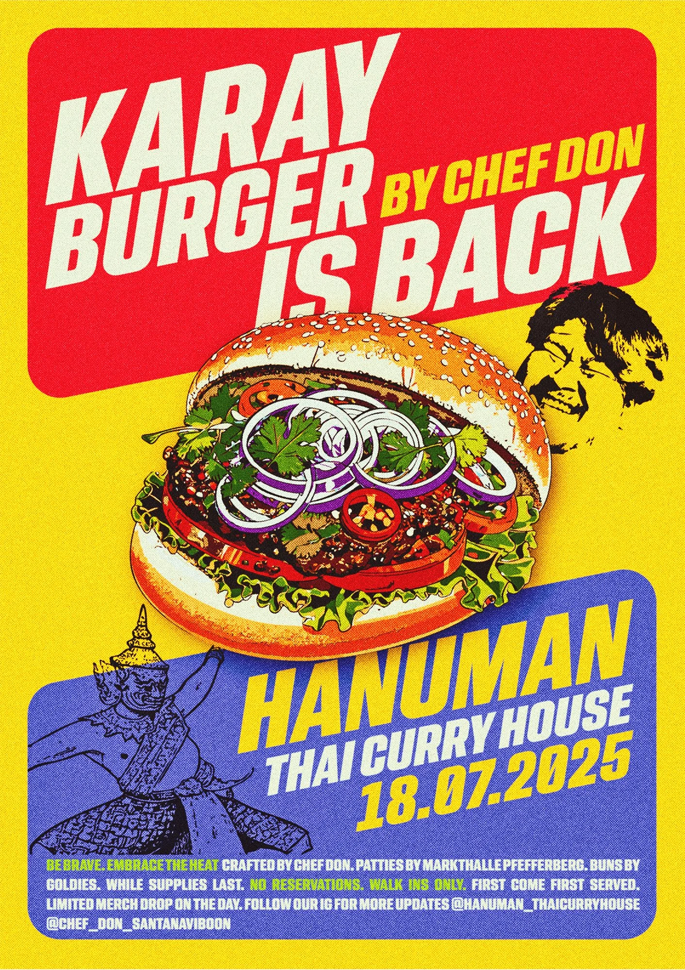 Werbeflyer für ein Restaurant namens Hanuman Thai Curry House vom 18.07.2025, mit einem großen Hamburger und einem lachenden Mann im Hintergrund.