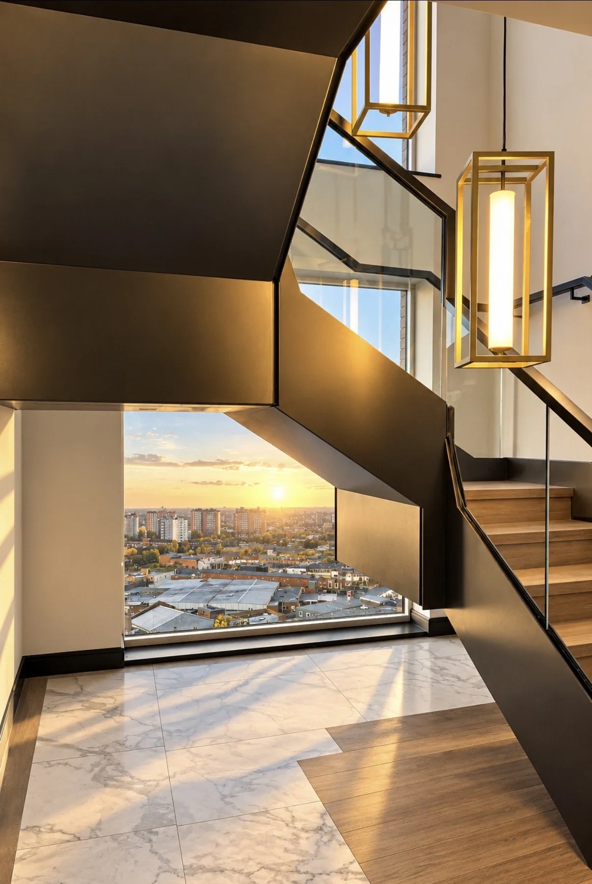 Interior view of a modern staircase with black metal framing, wooden steps, and glass panels, overlooking a city skyline at sunset through large windows with a mix of marble and wood flooring.