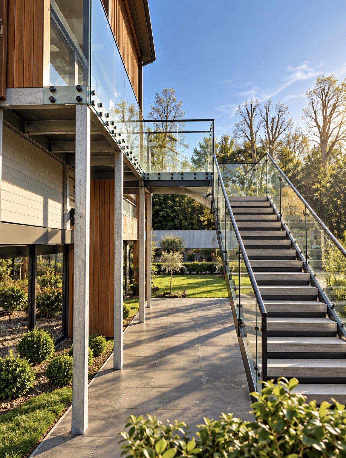 External access staircase. steel treads. glass balustrades. stainless steel projects. steel fabrication. steel staircases UK