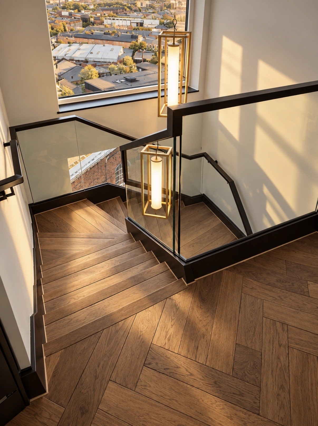 steel staircase - steel handrail. glass balustrade. wood treads. steel, glass and wood staircase design. steel fabrication.