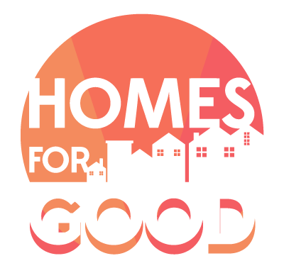 Logo with the words 'HOMES FOR GOOD' and white silhouettes of houses underneath, set against a circular background with orange and red hues.
