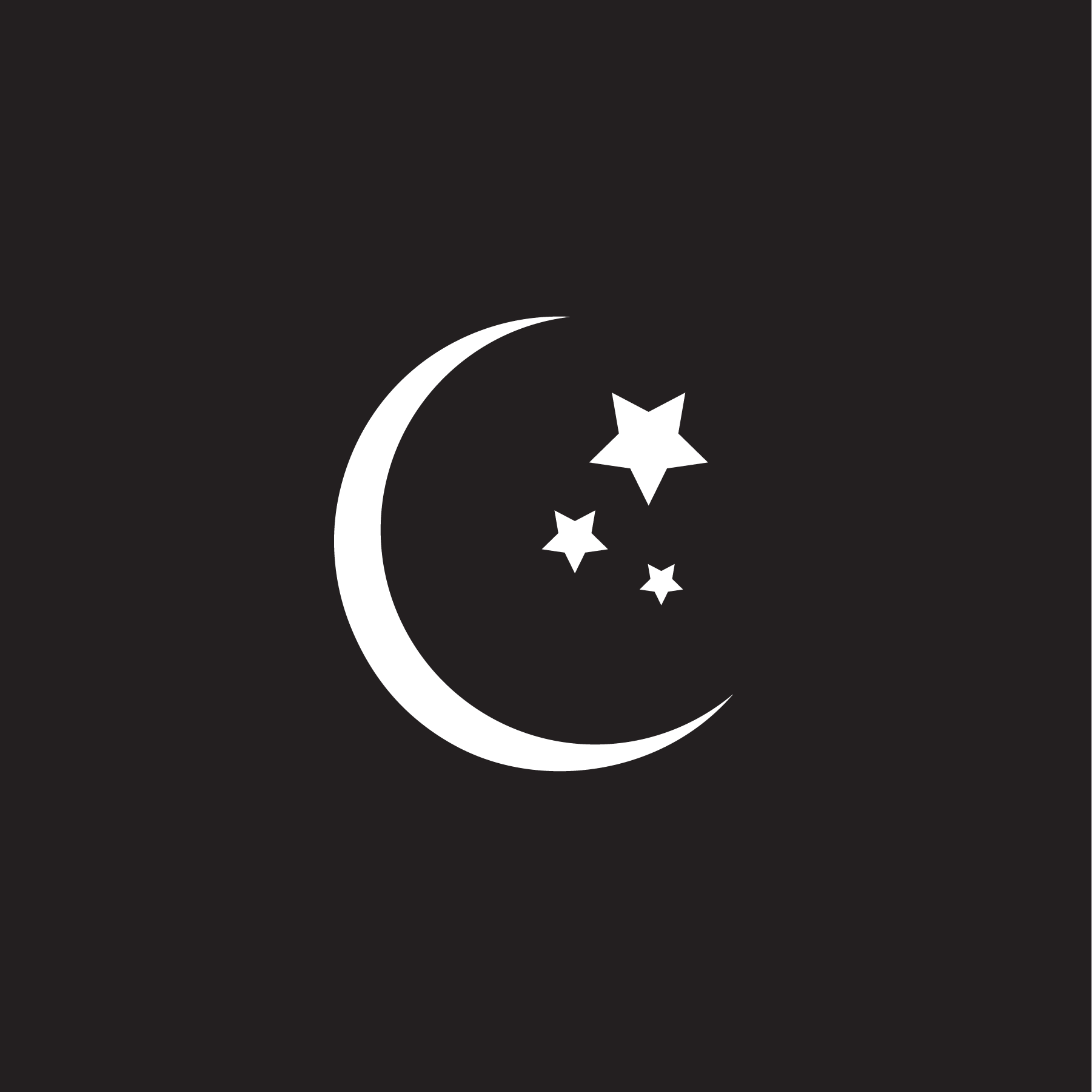 Black background with a white crescent moon and four stars of different sizes.