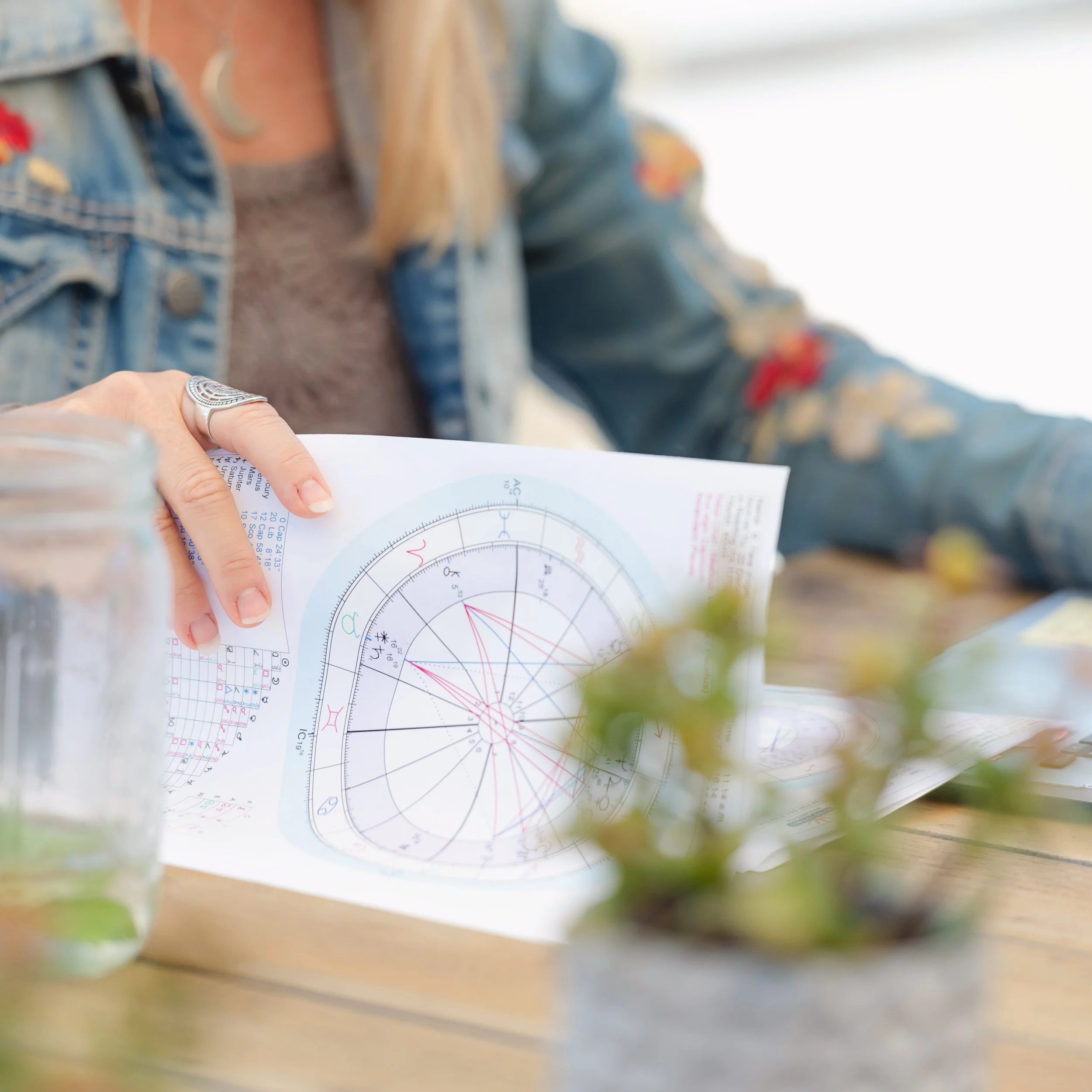 Person holding astrology charts titled 'The Houses in Astrology' at a wooden table with a laptop, a glass of water, a pen, and a potted plant.