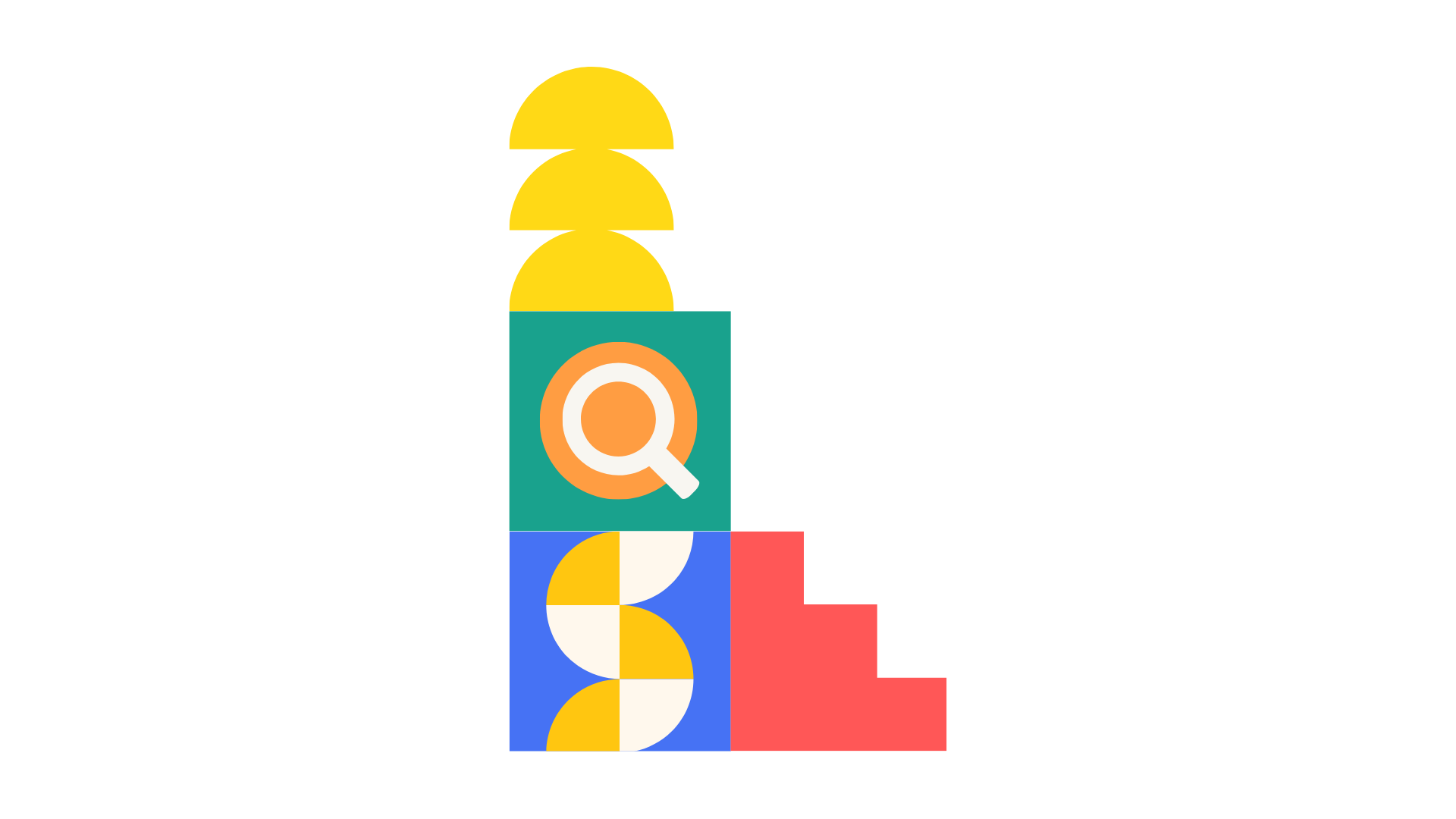 Graphic of stacked geometric shapes forming the word 'Google' with a magnifying glass icon, featuring blocks of yellow, green, blue, white, and red colors.