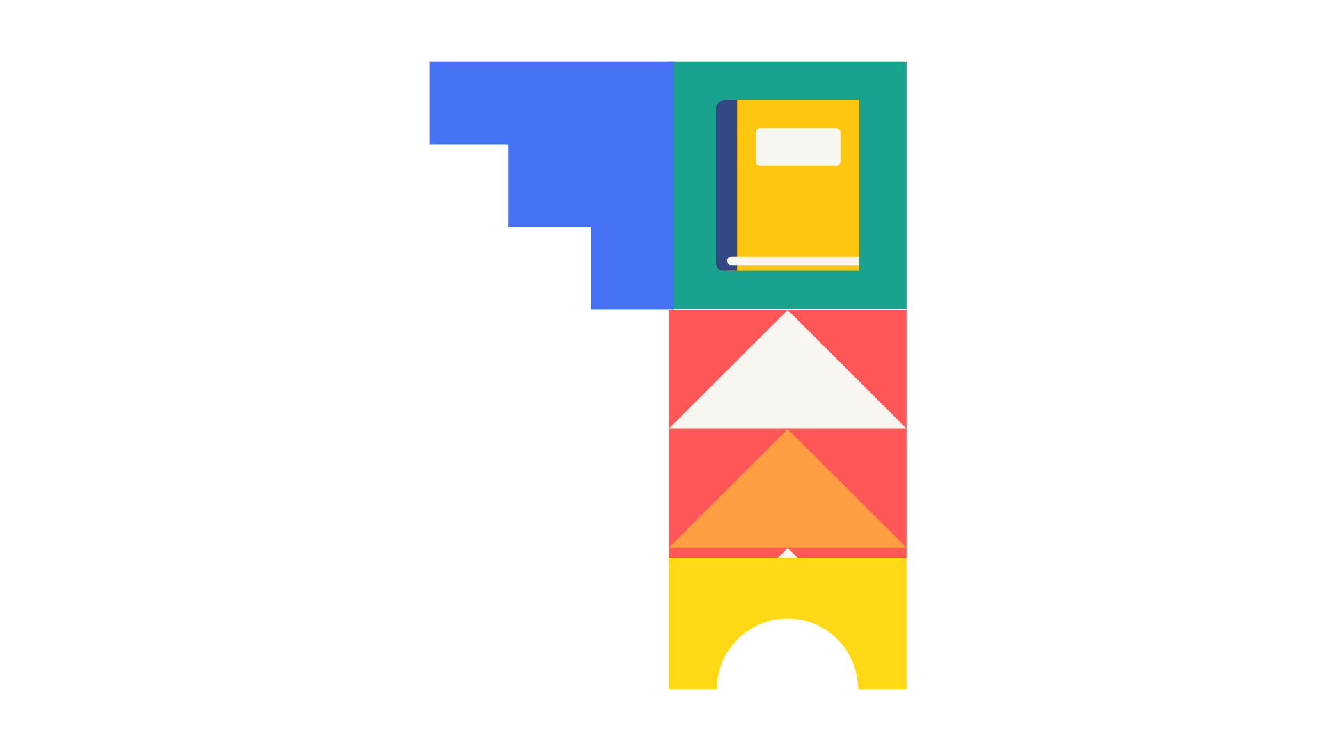 Colorful tower made of rectangular blocks with a book icon on the top block, pyramid shapes on the middle blocks, and an arch on the bottom block.